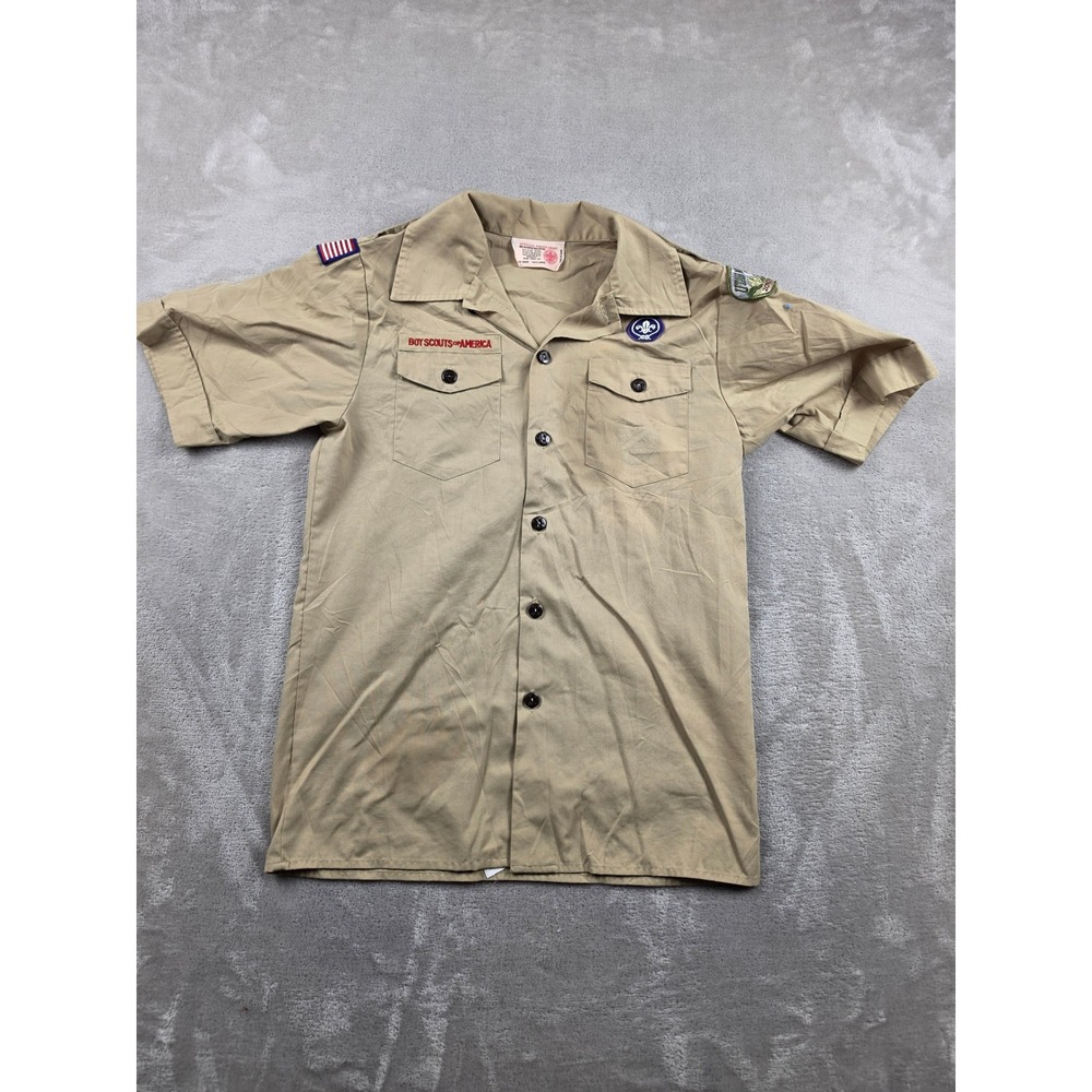 Boy Scouts of America Shirt Kids Large Tan Short Sleeve Patches Utah Parks Stain